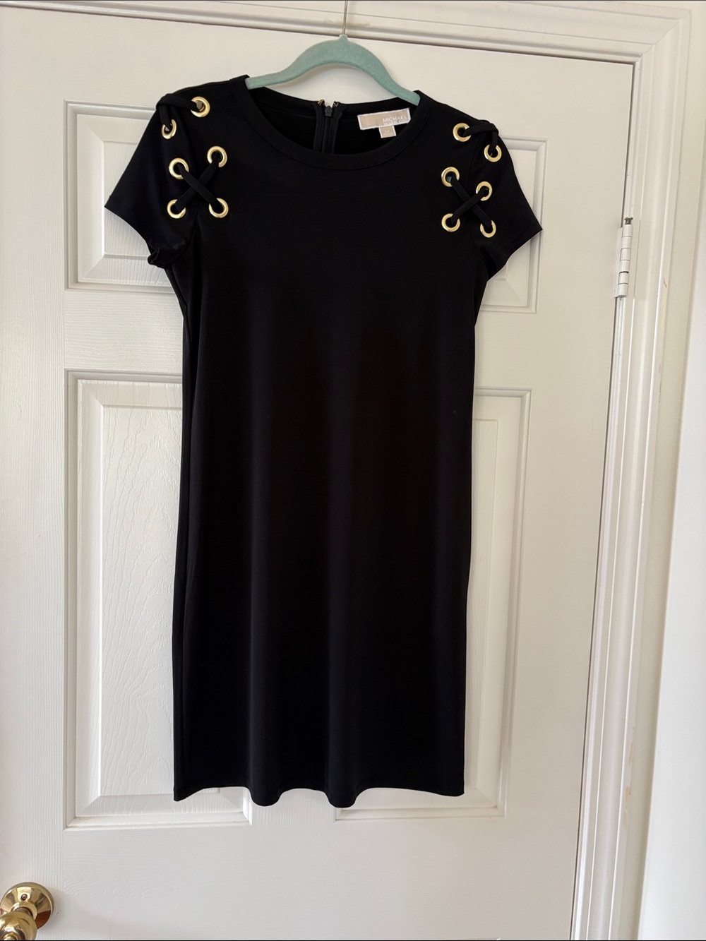 Michael Kors Black Short-Sleeve Shift Dress with Gold Eyelet Detail
